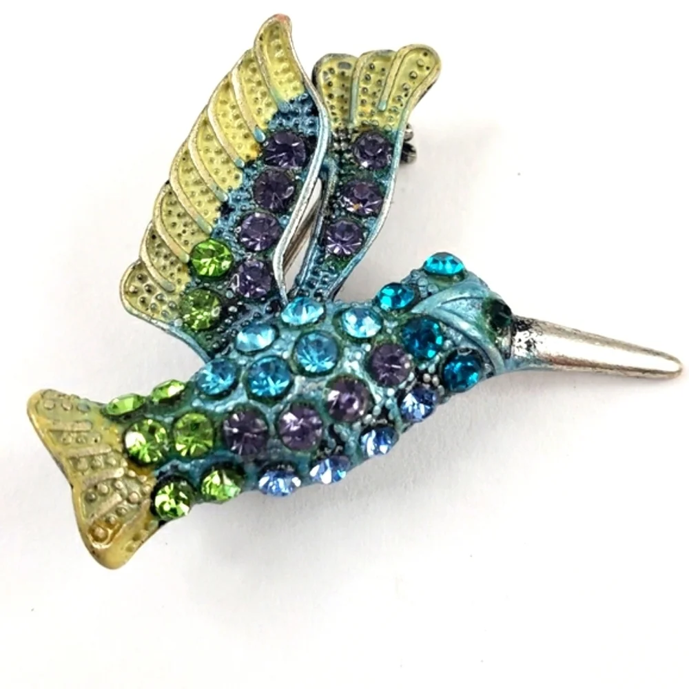 Vintage Hummingbird Brooch Pin rhinestones in purple blue teal lime green